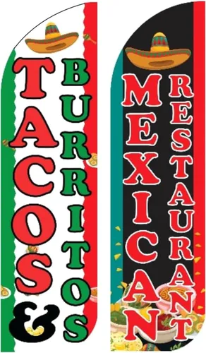 OnPoint Wares Banderas mexicanas para restaurante Tacos Burritos King – Paquete de 2 | Banderas de plumas publicitarias para exteriores de 3 pies x