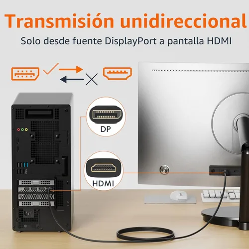Miniatura 5 de Amazon Basics Cable DisplayPort a HDMI, unidireccional, de computadora a pantalla, video y audio, 1080p, 1920x1200, 4K @60Hz, enchufe chapado