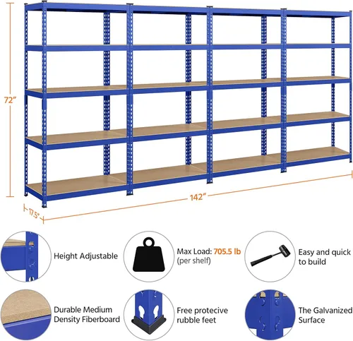 Miniatura 3 de Topeakmart 4 estantes utilitarios de 5 niveles, estantes de almacenamiento de metal, estantería de garaje, estantes de almacenamiento ajustables Azul