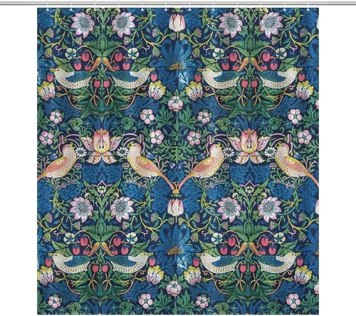 William Morris - Cortina de ducha, diseño de flores vintage en acuarela, juego de cortina de ducha para baño, cortina de baño decorativa, ganchos de
