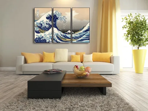 Miniatura 2 de Wieco Art Arte enmarcado de aluminio negro grande, 3 paneles, gran ola de Kanagawa, Katsushika Hokusai, impresiones en lienzo de arte de pared