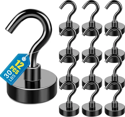 Miniatura 27 de LOVIMAG - Ganchos magnéticos, imanes de 30 libras con ganchos para crucero, ganchos magnéticos negros para colgar, refrigerador, aula, nevera