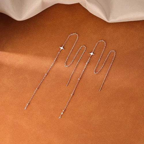 Miniatura 6 de SLUYNZ 925 Sterling Silver Star Long Dangle Earrings Chain for Women Teens Line Dangle Earrings Tassel Threader Chain
