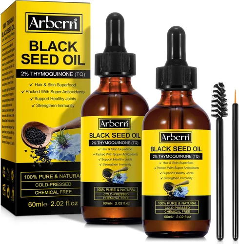 Paquete de 2 aceite de semilla negra orgánico prensado en frío, 100% puro y natural, aceite de semilla negra, botella de vidrio prensado en frío,