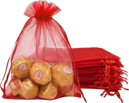 Jexila 100 piezas bolsas de organza roja de 5''X7'' de malla transparente navideña con cordón, bolsas de regalo pequeñas para joyería, bodas, Rojo