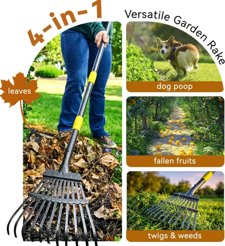 Miniatura 7 de Rastrillo de hojas de jardín para césped resistente, rastrillo de metal para patio con cabezal pequeño y estrecho de 9 pulgadas, mango largo