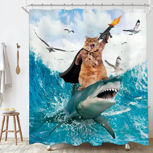 Divertida cortina de ducha con diseño de gato de surf, tiburón, divertida, náutico, océano, océano, mar, ondas, animales, novedad, 72 pulgadas de