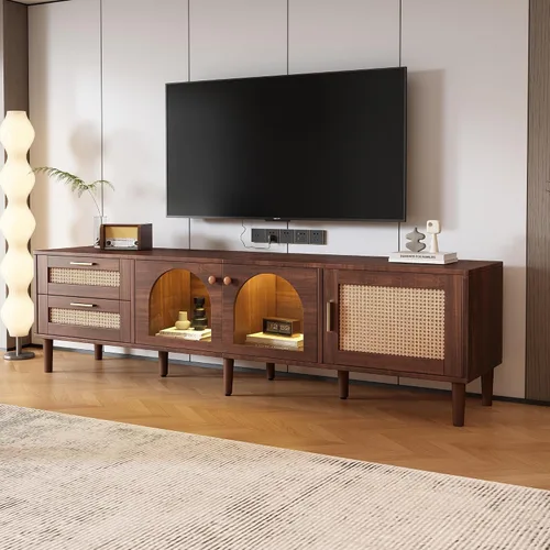 Miniatura 22 de JIVOIT Moderno soporte de TV de ratán para televisores de hasta 80 pulgadas, mesa consola inspirada en ratán con 3 gabinetes y 2 cajones, armario