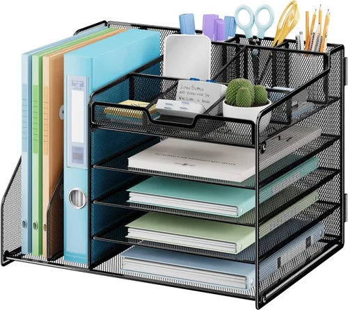 Miniatura 18 de Lavatino Organizador de escritorio, bandeja de papel de malla metálica de 5 niveles con 1 soporte para archivos y 7 divisores flexibles para Negro