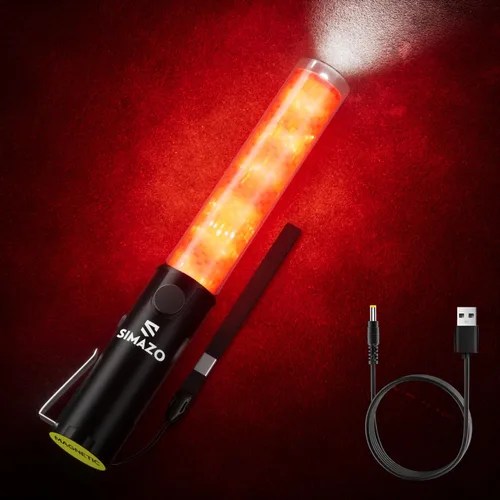 Varita de Tráfico Recargable de 10 Pulgadas, Bastón de Control de Tráfico Rojo con LED Blanco en la Parte Superior, Varita de Marshalling Aéreo Rojo