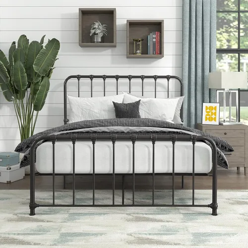 Lexicon Marco de cama de metal completo, cama de plataforma con fuerte soporte de listones de metal debajo de la cama, marco de cama matrimonial con