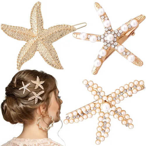 Miniatura 9 de PAGOW 3 pinzas para el cabello con estrellas de mar, pinzas de cristal con perlas de diamantes de imitación doradas, soporte para cola de caballo