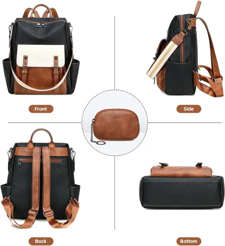 Miniatura 5 de AGLOD Mochila de cuero sintético para mujer, bolsos de viaje de moda para mujer, bolsos de viaje de trabajo de imitación, Beige- negro-marrón