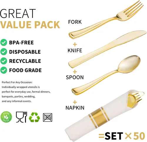 Miniatura 3 de Juego de 50 cubiertos de plástico dorado preenrollados con servilletas, juego de cubiertos desechables envueltos resistentes para bodas, fiestas