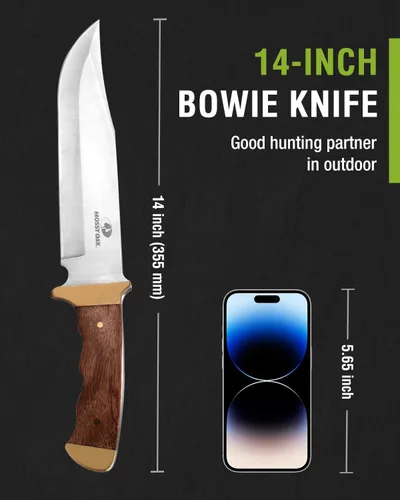 Miniatura 3 de Mossy Oak - Cuchillo Bowie de 14 pulgadas, mango de madera, cuchillo de caza Hoja fija de espiga completa, funda de cuero, cuchillos de caza
