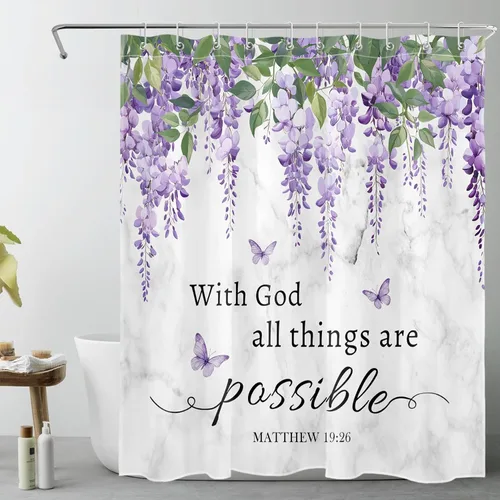 Miniatura 15 de LB Cortina de ducha de hortensias azules para baño, cortina de ducha rústica de girasol amarillo botánico y lavanda púrpura con ganchos, cortina