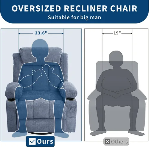 Miniatura 3 de 360° Swivel Rocker Recliner Chair with Heat and Massage, 3 Positions, USB Ports, Side Pockets, Cup Holders, for Living Room, Bedroom, Blue Marrón