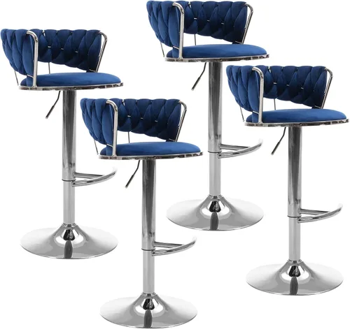 Miniatura 23 de Juego de 2 taburetes de bar giratorios de terciopelo, modernos taburetes de bar ajustables con respaldo tejido, taburete de bar de altura