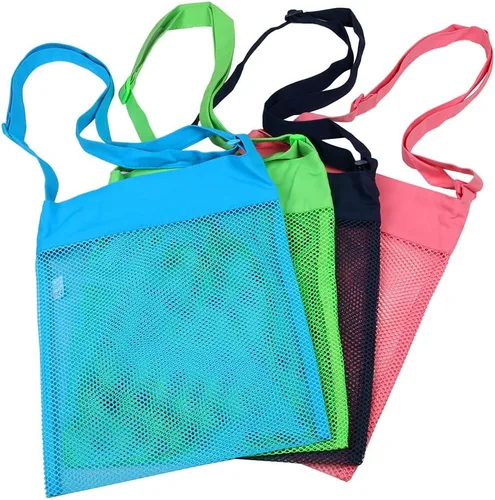 Bolsa de red para playa, de color, 11,4 x 13,7 pulgadas, respirable, con correas (juego de 4 unidades) [azul, rosa, verde y negro]
