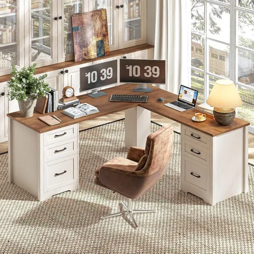 Miniatura 10 de Vabches Farmhouse - Escritorio ejecutivo de 61 pulgadas con 7 cajones, mesa rústica para computadora de oficina con cajones de archivos, estación