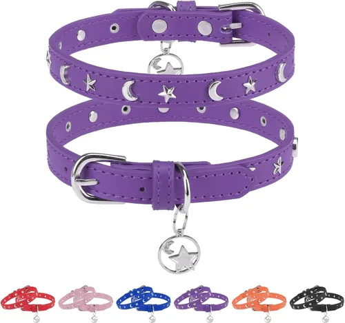 Miniatura 13 de Collar de cuero para perros pequeños, collar suave y ajustable con remaches de estrella y luna para perros machos y hembras, collares para cachorros