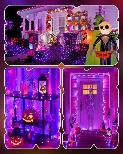 Miniatura 7 de Luces de Halloween moradas y naranjas de 66 pies para exteriores, 200 luces LED de Halloween con 8 modos, enchufable naranja morado colgante
