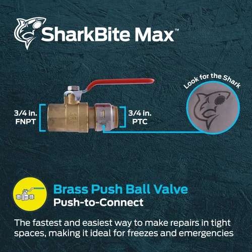 Miniatura 2 de SharkBite Válvula de bola máxima de 3/4 x 3/4 pulgadas con conector FNPT, empuje para conectar accesorios de plomería de latón, tubo PEX, cobre