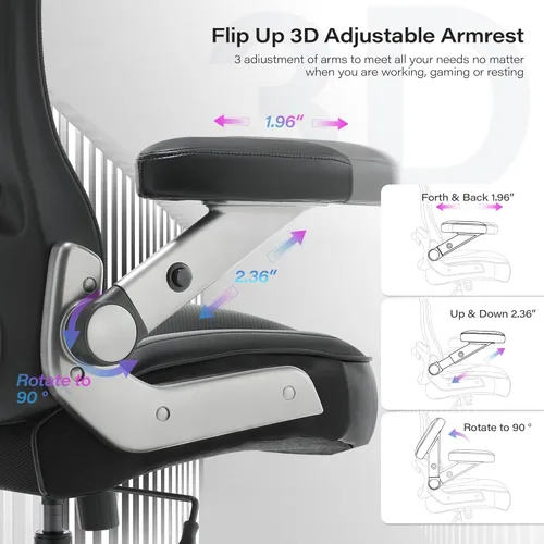 Miniatura 5 de Silla de oficina grande y alta, 600 libras con brazos abatibles 3D, reposacabezas ajustables, ruedas grandes resistentes, silla de escritorio negro
