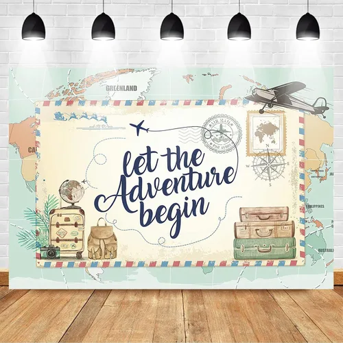 Miniatura 2 de Mocsicka Fondo de la aventura espera, mapa del mundo, Let The Adventure Begin, decoración de fiesta de baby shower, fondos para fotos, viajes