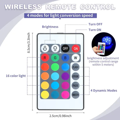 Miniatura 3 de Hortsun Paquete de 16 luces LED sumergibles con control remoto, luces LED impermeables para piscina, batería operada, 16 luces de cambio
