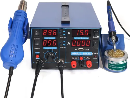 Miniatura 7 de YIHUA Paquete de estación de fuente de alimentación y retrabajo profesional de soldadura 853D 3A USB con boquillas de aire caliente #2300