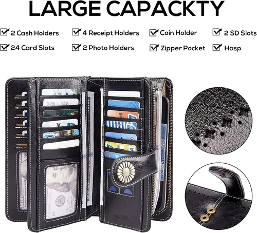 Miniatura 4 de INSIFEEL Carteras para mujer de gran capacidad con protección RFID monedero de cuero genuino Negro Retro