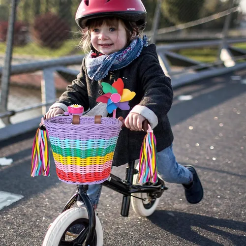 Miniatura 2 de Cesta de bicicleta para niñas, cesta de bicicleta ajustable para manillar delantero con serpentinas de bicicleta, juego de campana/molino de viento
