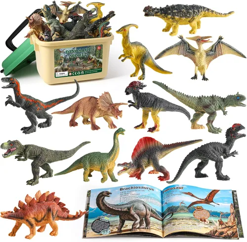 OENUX Juguetes de dinosaurio para niños de 3 a 5 años, 12 piezas realistas de dinosaurios jurásicos con folleto educativo, dinosaurio de plástico