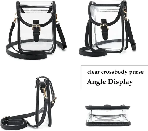 Miniatura 6 de FAIME Pequeña bolsa transparente aprobada para estadios, bolsa cruzada transparente para teléfono celular con correa ajustable para conciertos Negro