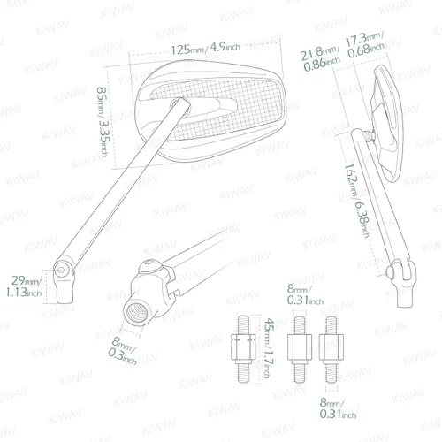 Miniatura 4 de KiWAV Aftermarket - Espejos retrovisores laterales cónicos Mamba real fibra de carbono negro convexo ajustable M8 0.315 in 1.25 adaptadores de paso