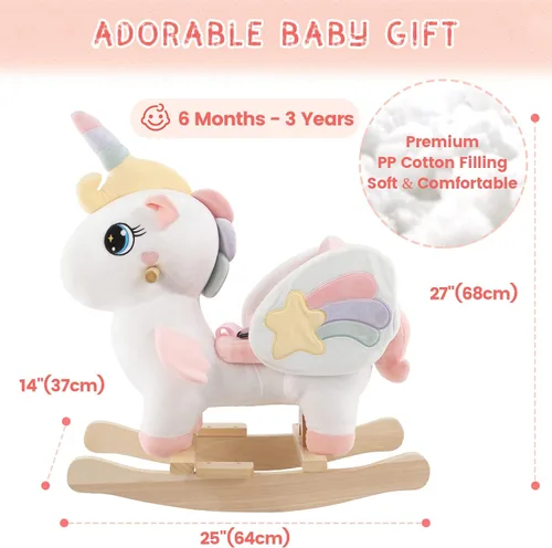 Miniatura 5 de FUNLIO Caballo mecedor de unicornio para bebé, caballo mecedor de unicornio de hadas arco iris para niños pequeños de 6 meses a 3 años, balancín