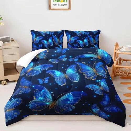 AILONEN Juego de edredón de mariposa azul tamaño Queen, juego de ropa de cama de 3 piezas de animales elegantes, azul marino oscuro cielo nocturno