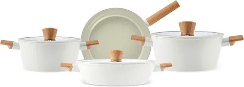Karaca Swiss Crystal Almond - Juego de utensilios de cocina antiadherentes de 7 piezas, ollas y sartenes compatibles con inducción, revestimiento de