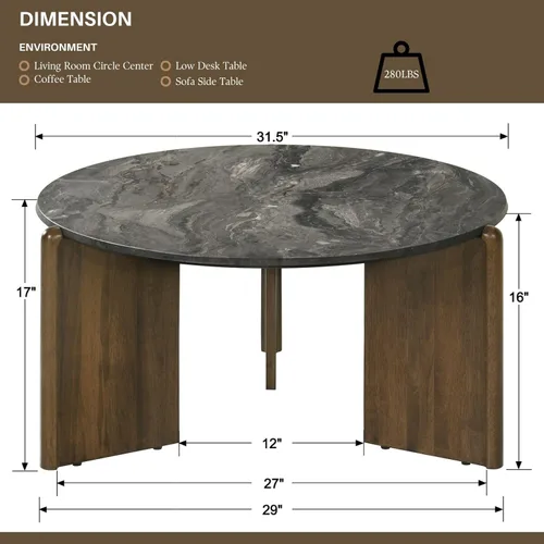 Miniatura 2 de Travertine Texture - Mesa de centro de 31.5 pulgadas moderna de mármol sintético, mesa central de círculo bajo para sala de estar, mesa redonda