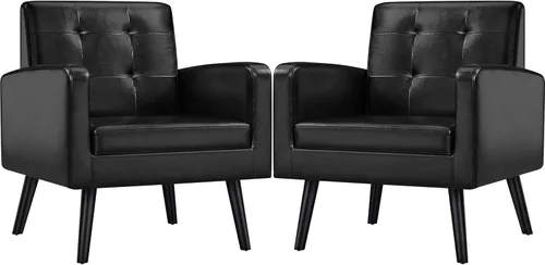 Miniatura 19 de Yaheetech Sillas de acento de mediados del siglo, silla moderna tapizada para sala de estar, sillón acogedor con respaldo abotonado y patas de Azul