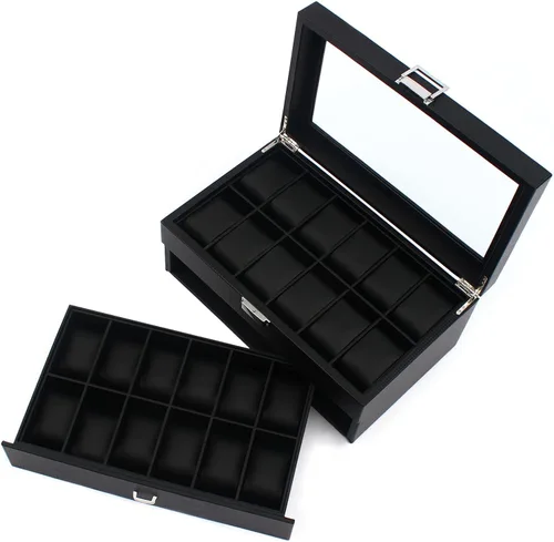 Miniatura 6 de Caja organizadora de reloj para hombres, 24 ranuras lujosa y masculina caja de exhibición texturizada de fibra de carbono - Parte superior de vidrio