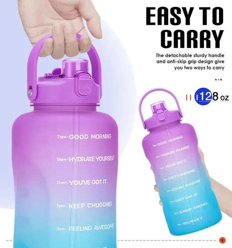 Miniatura 6 de Botella de agua de un galón con popote, 128 onzas (3.8 L), libre de BPA - Innovadora botella deportiva con tapa 2 en 1 con recordatorios Jacaranda