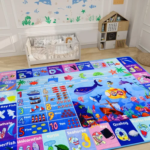 Miniatura 9 de Alfombra interactiva de aprendizaje del mundo oceánico de 3 pies 3 pulgadas x 5 pies con ABC, animales marinos, números y formas para niños pequeños