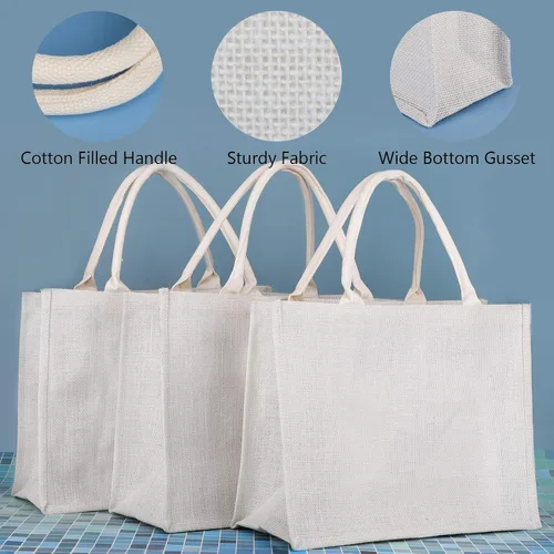 Miniatura 4 de Segarty Bolsas de mano, paquete de 6 bolsas grandes de yute blanco reutilizables de lona para regalos con asas, bolsa en blanco a granel para dama