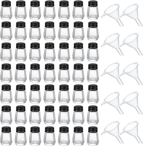 Miniatura 8 de Potchen 12 piezas saleros y pimenteros mini en forma de cubo a granel de 0.5 onzas pequeños de vidrio para especias con mini embudos de plástico