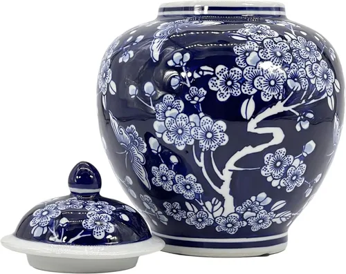 Miniatura 3 de Galt International Tarro de jengibre chinoiserie floral azul oscuro de 10 pulgadas con tapa, tarro de jengibre, almacenamiento de té, decorativo