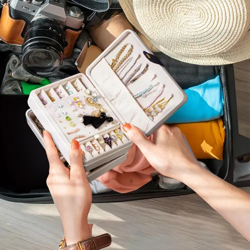 Miniatura 4 de coobest Joyero, organizador de joyas de 2 capas con organizador de aretes de terciopelo, organizador de joyas de viaje, pequeñas cajas de joyería