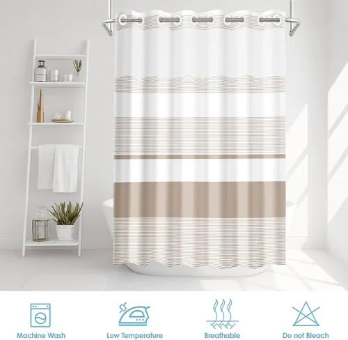 Miniatura 6 de Juego de cortina de ducha beige sin gancho con forro de tela a presión, diseño bohemio, a rayas, moderno, doble capa, tela impermeable con ventana