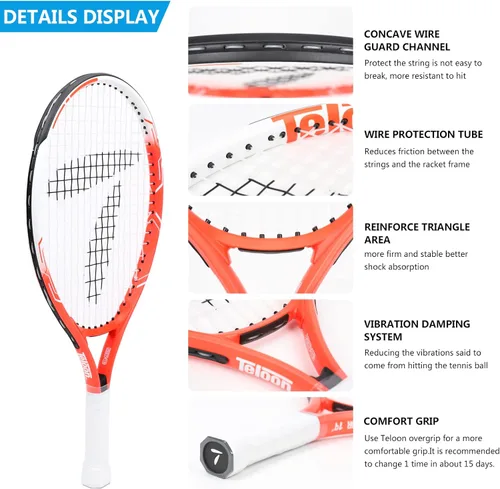 Miniatura 3 de Teloon Raqueta de tenis para niños, raqueta de tenis juvenil de 19 a 25 pulgadas con cubierta, raqueta de tenis junior para niños y niñas de 3 a 12